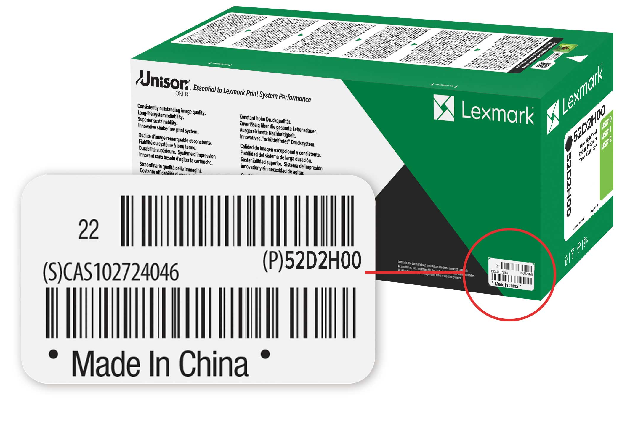 Orijinal Lexmark sarf malzemelerinin ambalajında yer alan seri numarası